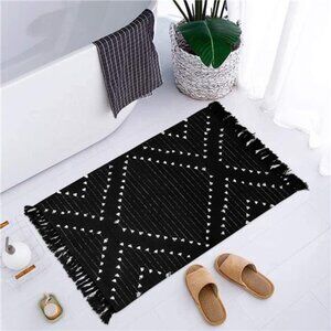 Boho Bathroom Rug 2' x 3' Washable Black Rug Small Moroccan Throw Rug